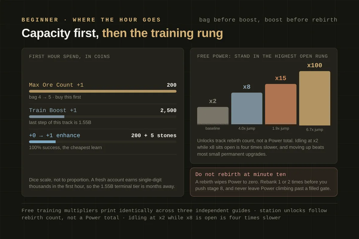 First hour Coin spend compared against the free training multiplier ladder