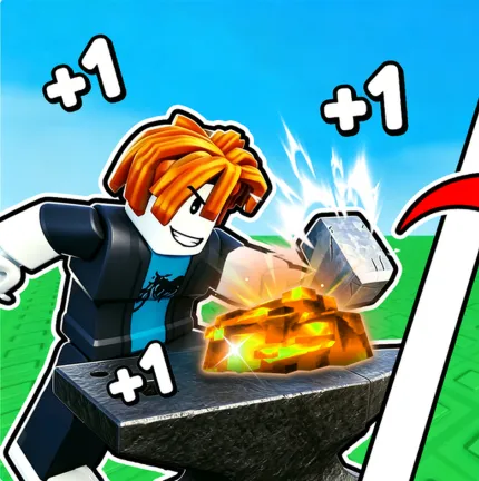 Roblox avatar hammering a glowing orange Ember ore ingot on an anvil