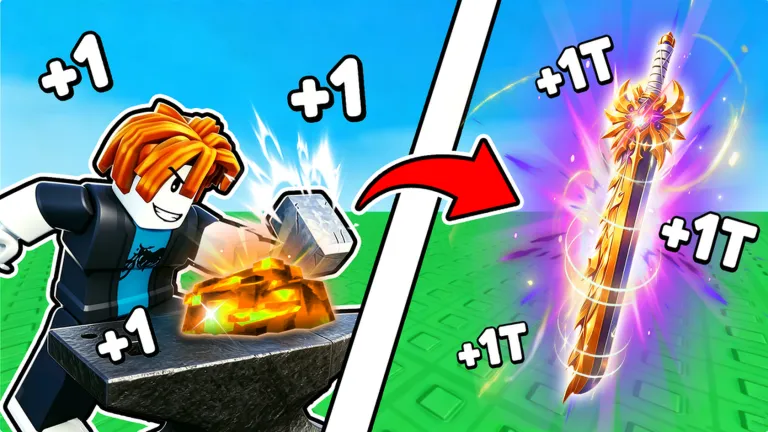 Roblox avatar forging a glowing gold bar beside an enhanced katana